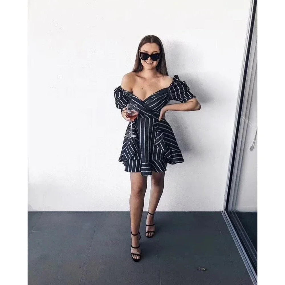 NWT C/MEO Collective Striped Puff Sleeve Mini Dress - Picture 8 of 9